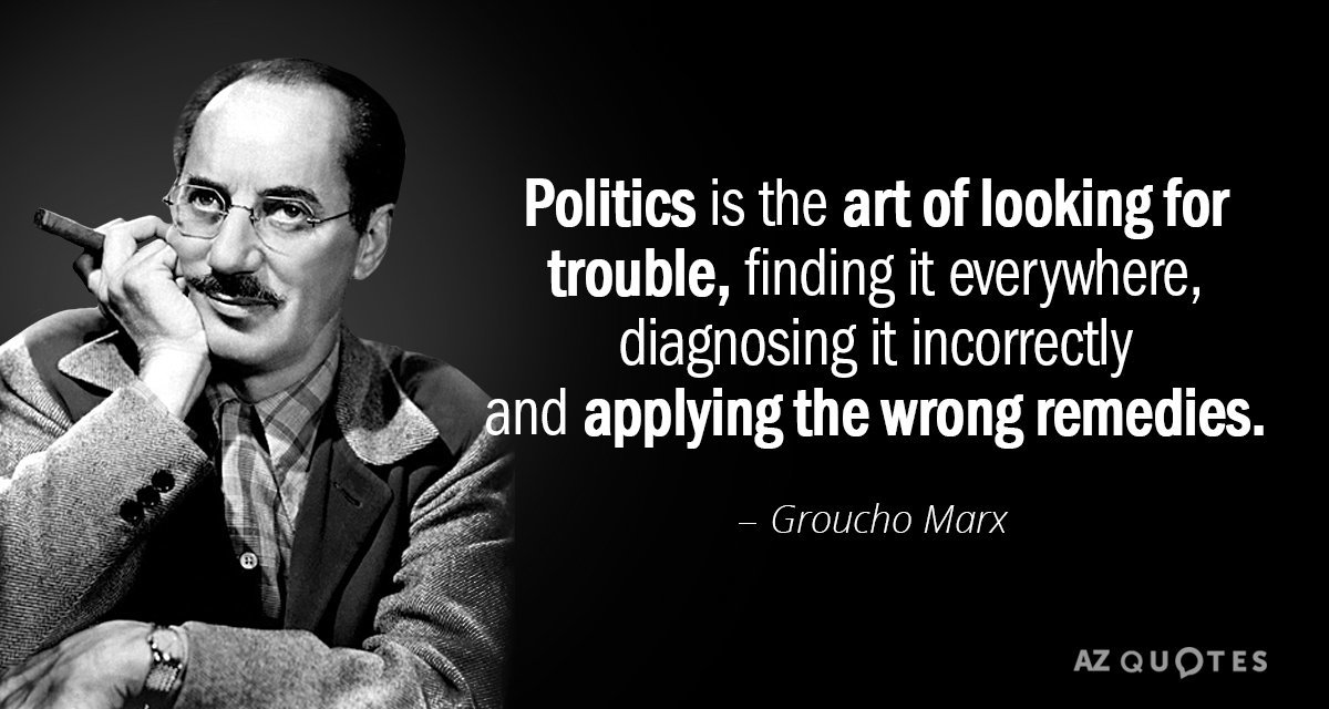 Politics is the art of looking for trouble, finding it everywhere, diagnosing it incorrectly and applying the wrong remedies.