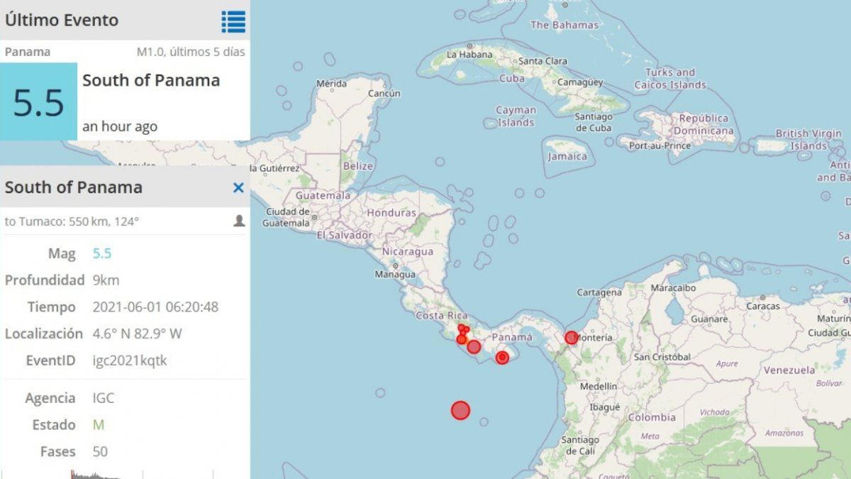 5.5 earthquake was registered in Panama's Pacific