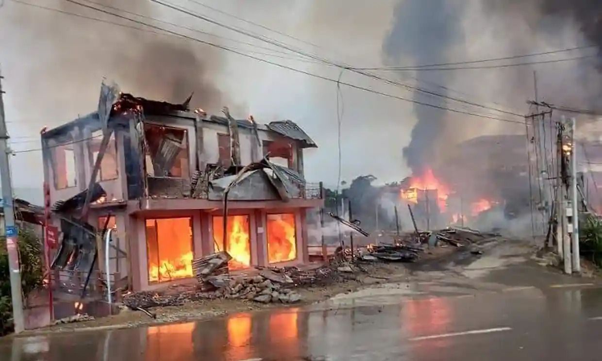 Houses in Thantlang, in Myanmar’s Chin state, after allegedly being bombed by the military.
