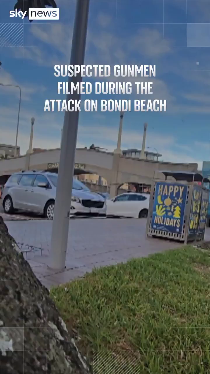 Footage of the gunmen around Bondi Beach during the terror attack. One of the gunmen has been named as 24-year-old Naveed Akram