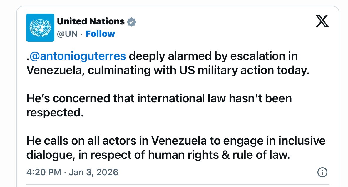 Le secrétaire général de l'ONU exprime son alarmisme face à l'escalade suite à l'action militaire des États-Unis au Venezuela.