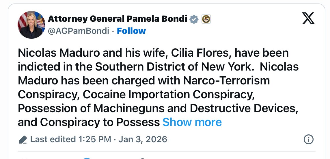 U.S. Attorney General Announces Indictments Against Nicolás Maduro and His Wife in New York