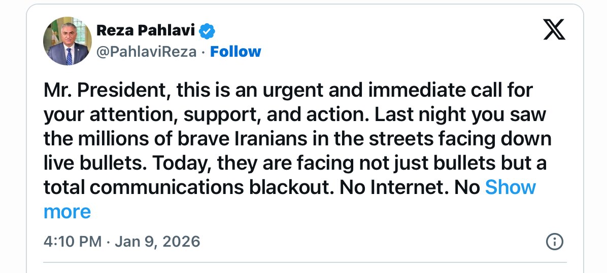 Reza Pahlavi Urges President Trump to Act as Iranian Protests Face Deadly Crackdown