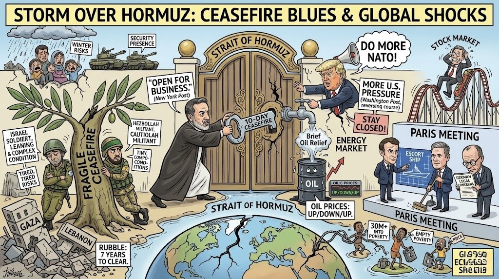 Le détroit d'Hormuz rouvre brièvement au milieu d'un cessez-le-feu fragile au Moyen-Orient alors que les tensions mondiales persistent.